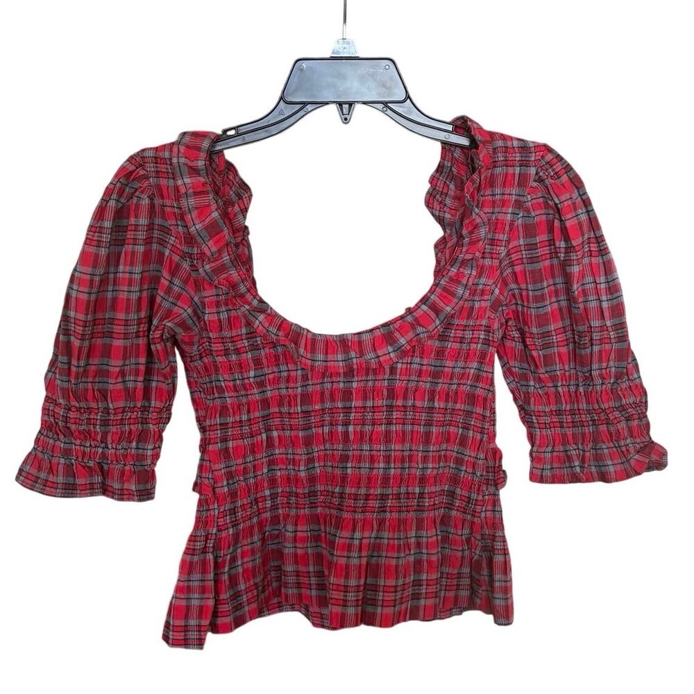 Damson Madder 100% Cotton Red Black Plaid Blouse Top Size UK 8 US 4 Small - Picture 4 of 7